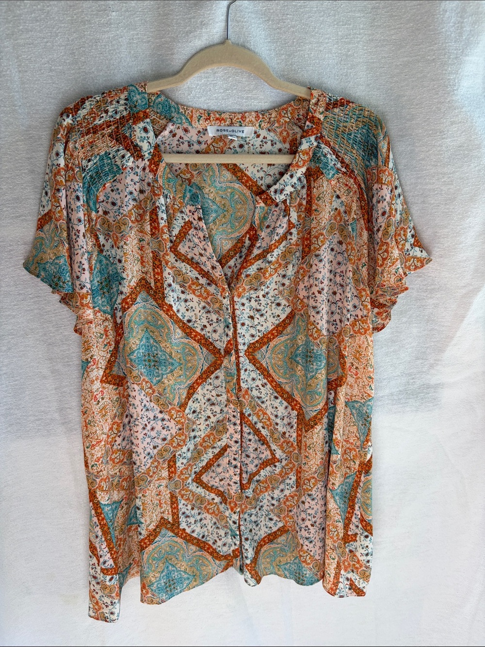 Rose & Olive Teal and Orange Patchwork Button Front Blouse